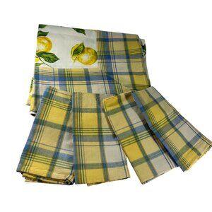 Natural Impressions Tablecloth 4 Napkins Blue Yellow Plaid Lemons Cotton